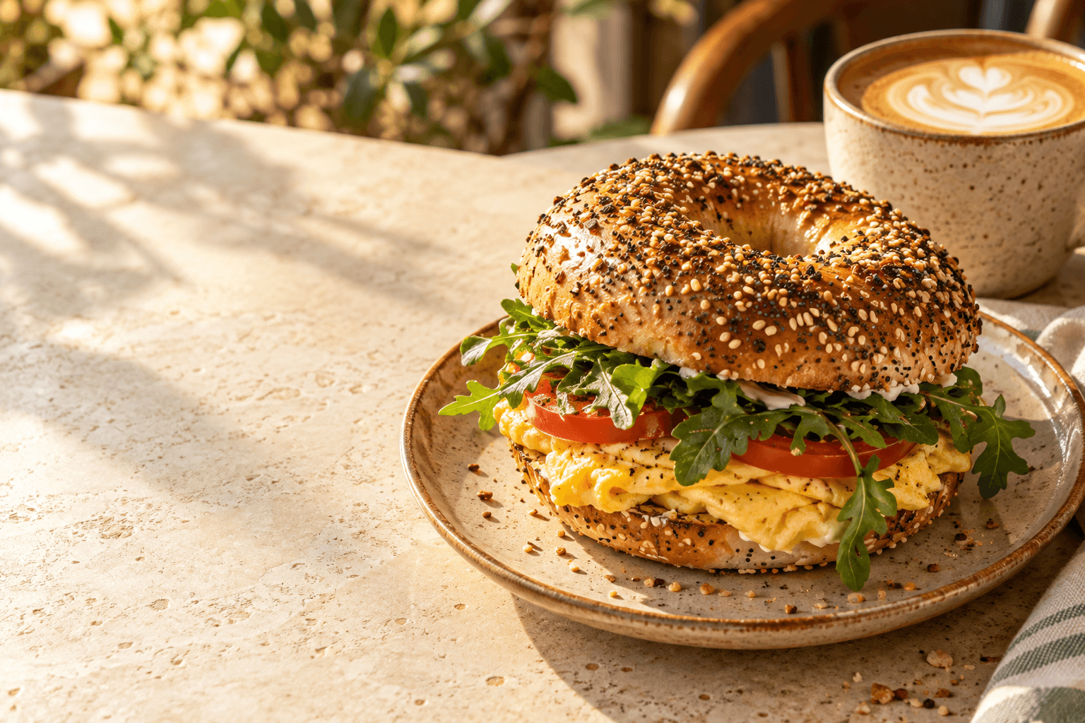 Everything bagel sandwich with egg, tomato, and greens beside a latte