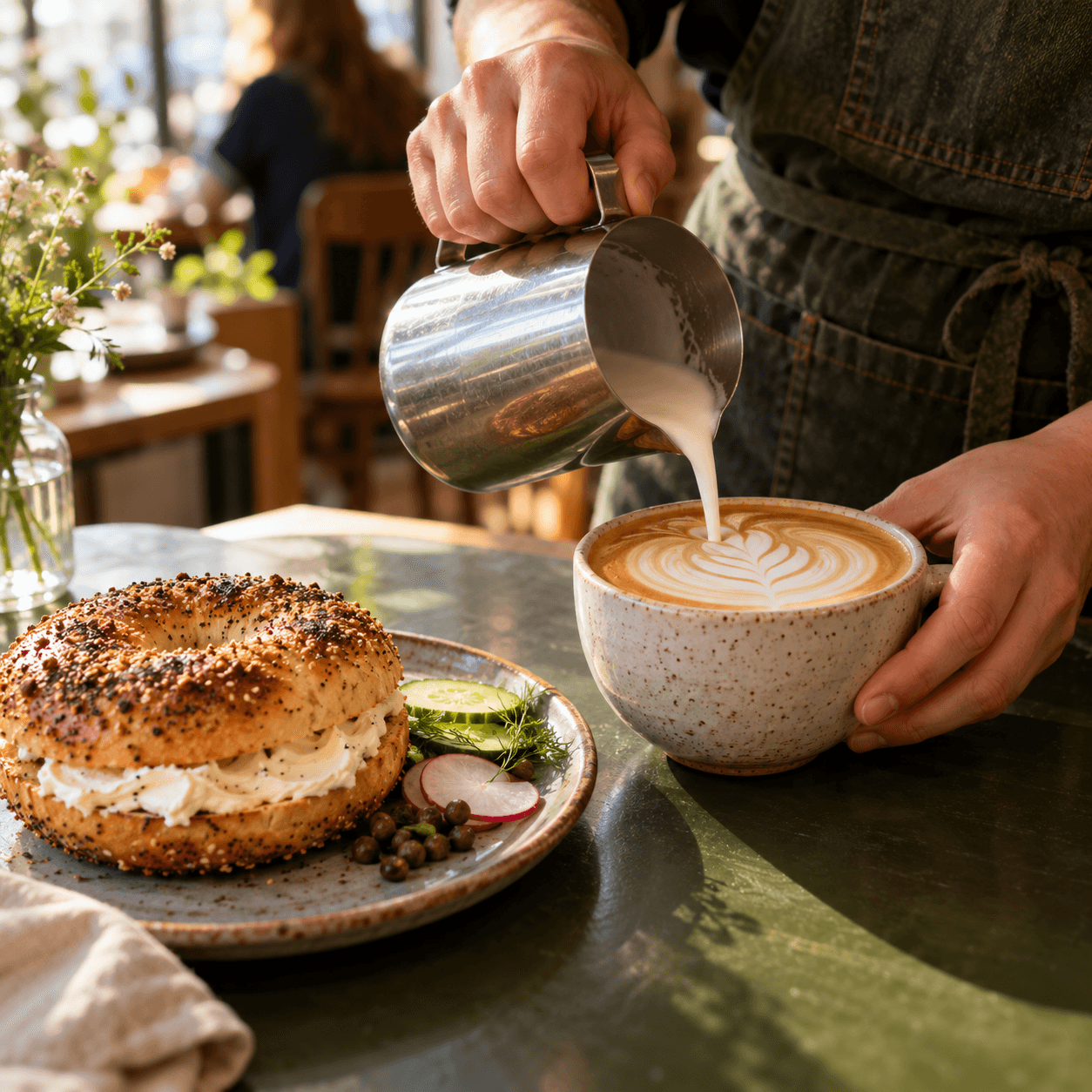 Barista pouring milk into a latte beside a bagel