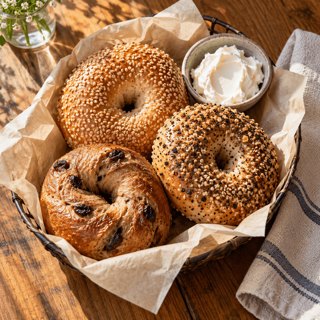 Fresh assorted bagels in a basket with cream cheese
